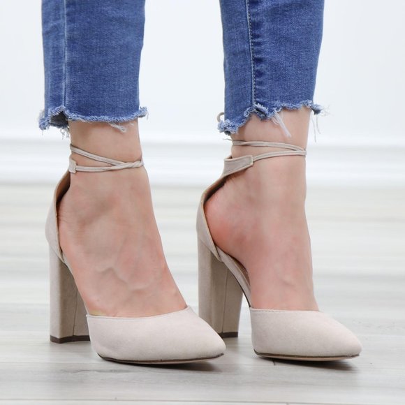 Faux Nude Suede Pointy Toe Chunky High Heel Pumps - Picture 2 of 12
